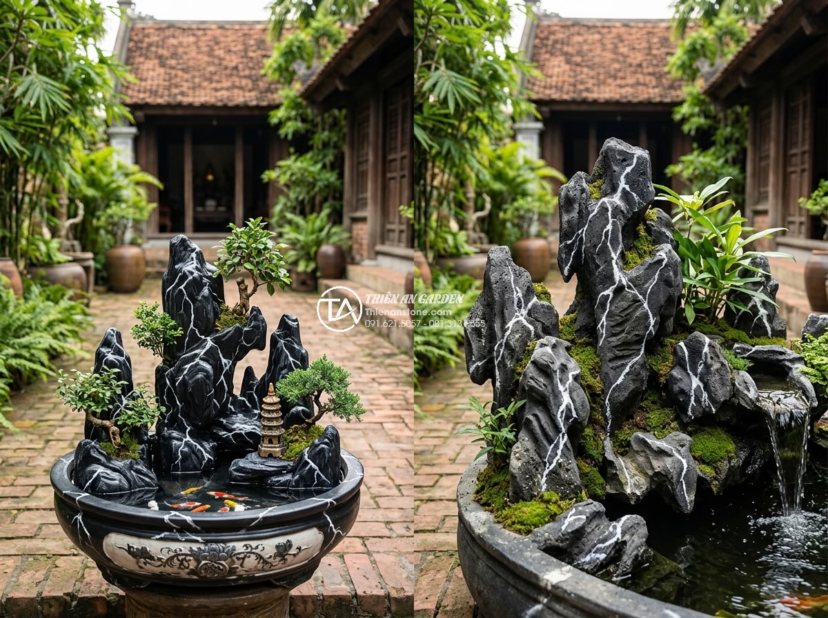Làm Hòn Non Bộ Bằng Xốp Giả Đá: Giải Pháp Tiết Kiệm Hay Sai Lầm? - Side-by-side comparison of foam fake stone non bộ and cement-based artificial ro