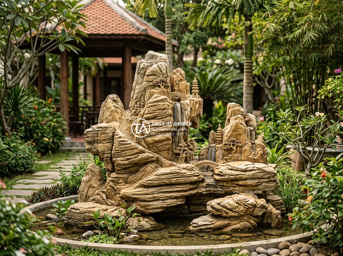 Làm Hòn Non Bộ Bằng Xốp Giả Đá: Giải Pháp Tiết Kiệm Hay Sai Lầm? - Stunning natural stone hòn non bộ with intricate carvings and natural rock forma