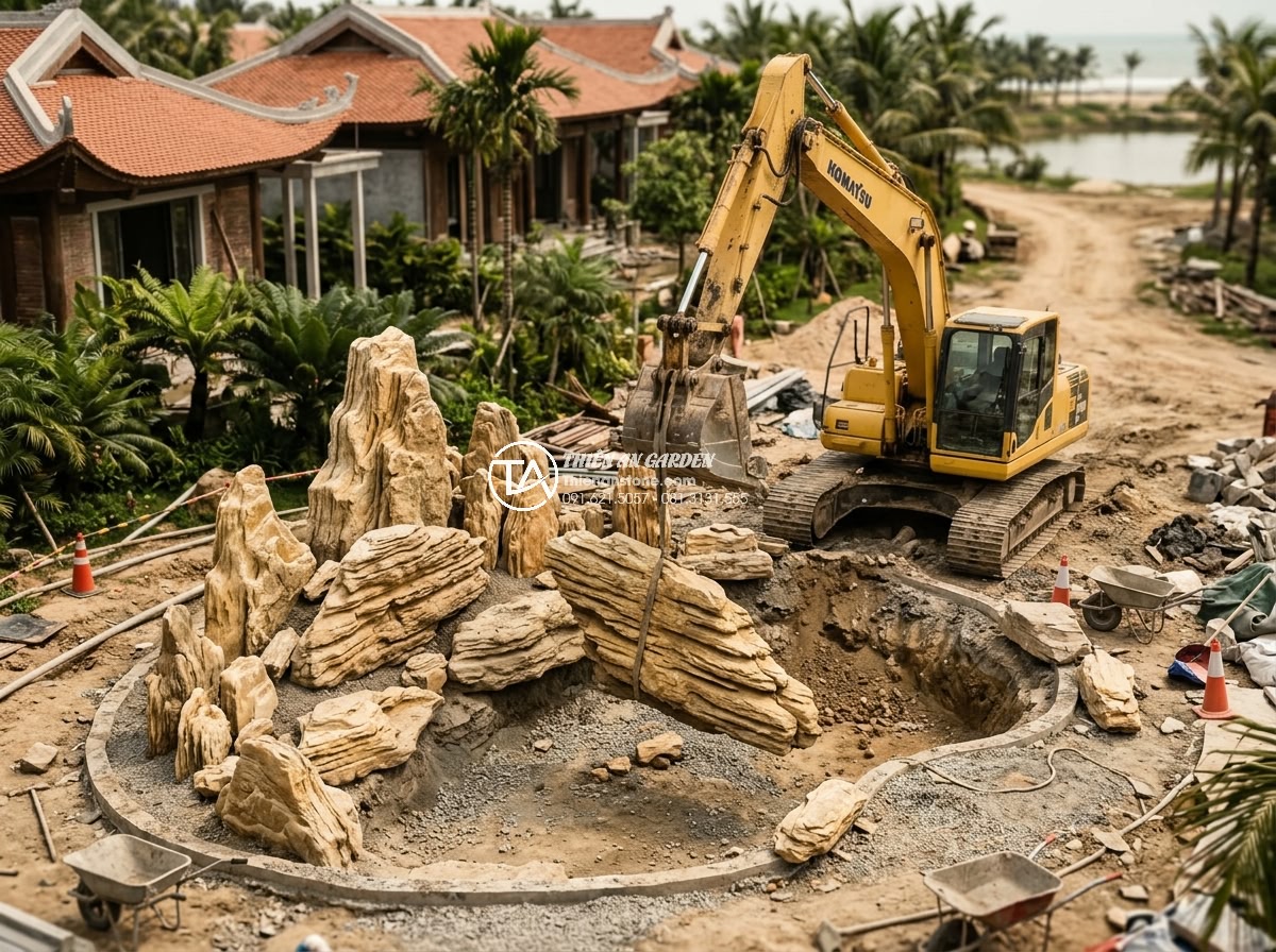 Làm Hòn Non Bộ Bằng Xốp Giả Đá: Giải Pháp Tiết Kiệm Hay Sai Lầm? - Professional installation of authentic đá cảnh non bộ by experts at a luxury res