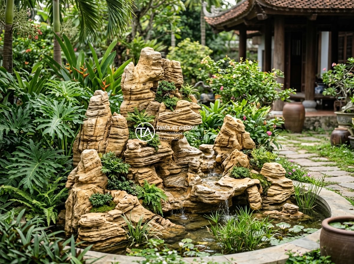 Làm Hòn Non Bộ Bằng Xốp Giả Đá: Giải Pháp Tiết Kiệm Hay Sai Lầm? - Completed high-end natural stone hòn non bộ project in a Vietnamese villa garden