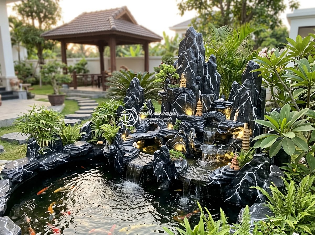 Làm Hòn Non Bộ Bằng Xốp Giả Đá: Giải Pháp Tiết Kiệm Hay Sai Lầm? - Luxurious backyard featuring a lightweight foam fake stone hòn non bộ with integ