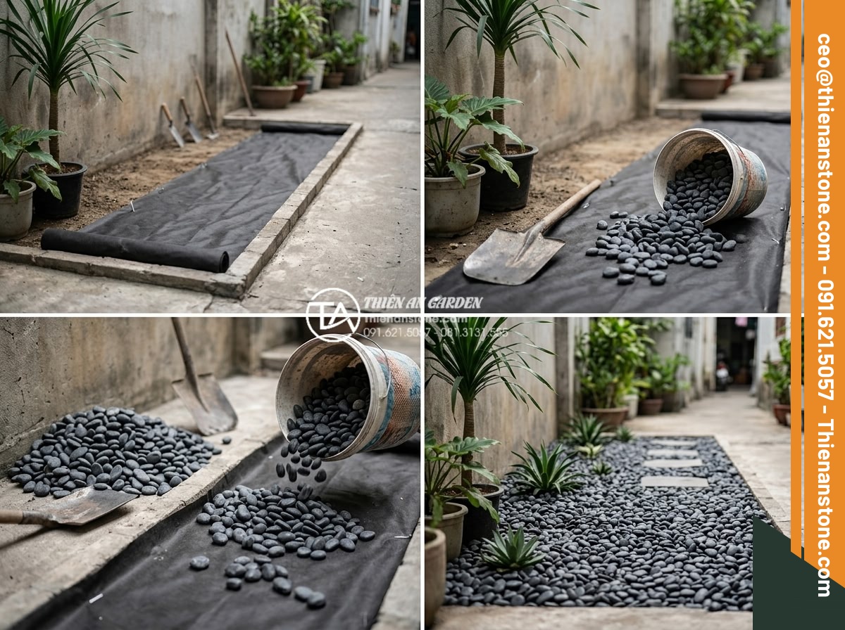 Mẫu Sân Vườn Rải Sỏi Đơn Giản Dễ Làm Cho Nhà Phố - Hình 10 Mẫu Sân Vườn Rải Sỏi Đơn Giản Dễ Làm Cho Nhà Phố - Practical tutorial images showing simple home gravel garden installation process