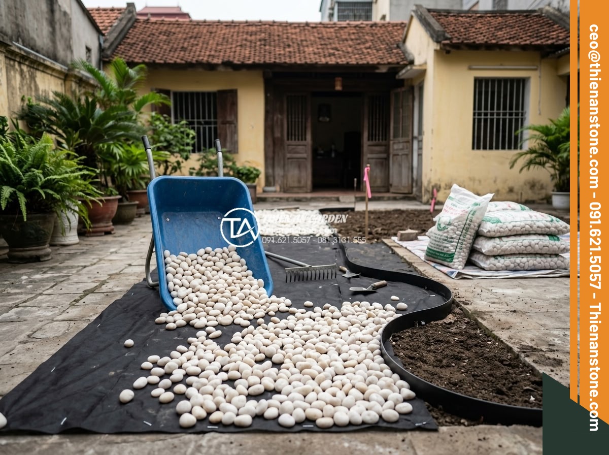 Mẫu Sân Vườn Rải Sỏi Đơn Giản Dễ Làm Cho Nhà Phố - Hình 11 Mẫu Sân Vườn Rải Sỏi Đơn Giản Dễ Làm Cho Nhà Phố - Professional gravel garden construction process for townhouse including site sur