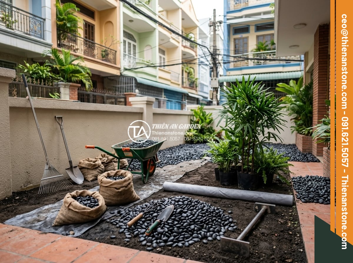 Mẫu Sân Vườn Rải Sỏi Đơn Giản Dễ Làm Cho Nhà Phố - Hình 12 Mẫu Sân Vườn Rải Sỏi Đơn Giản Dễ Làm Cho Nhà Phố - Full professional landscaping team installing pebble garden in residential townh