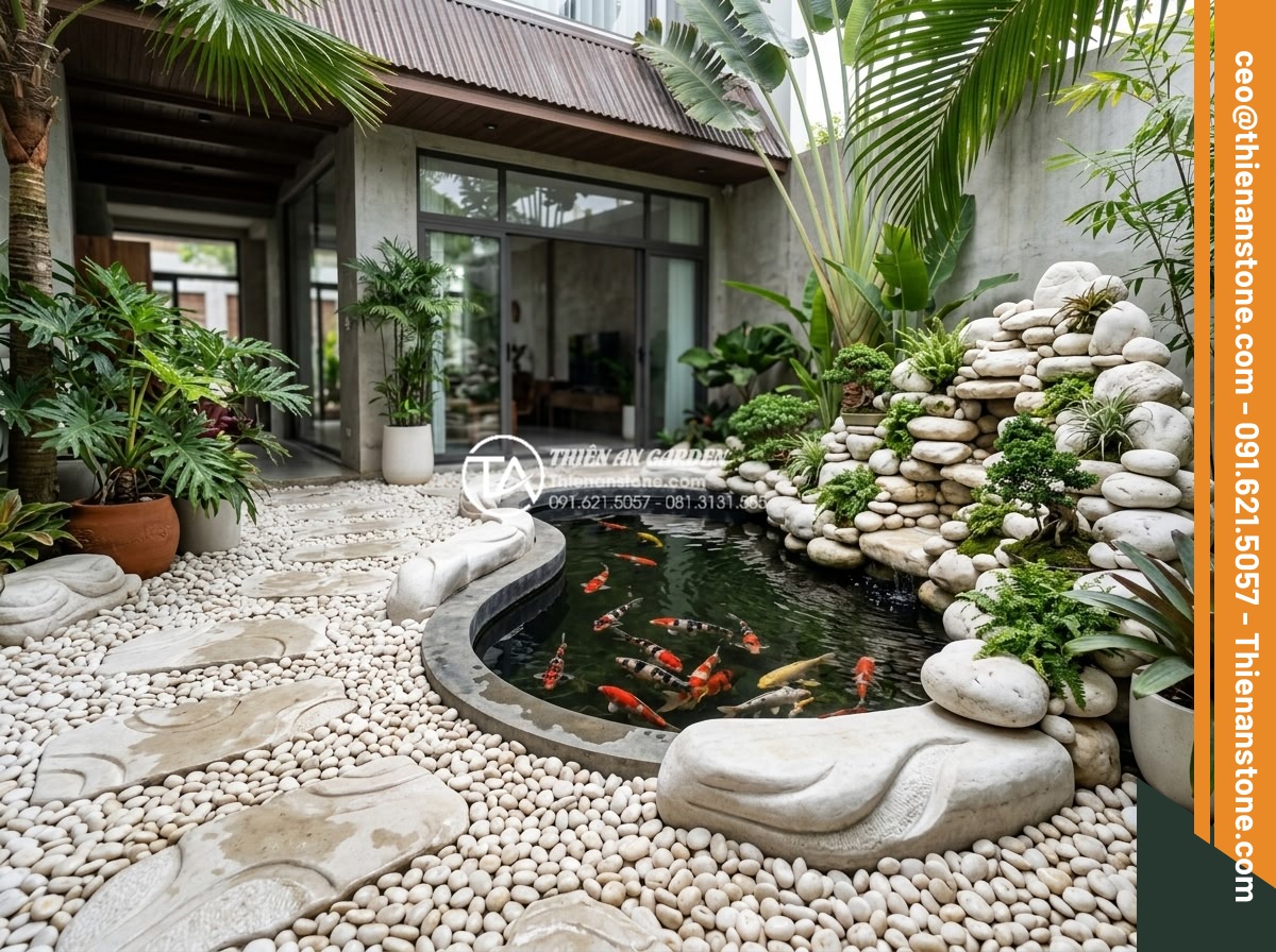 Mẫu Sân Vườn Rải Sỏi Đơn Giản Dễ Làm Cho Nhà Phố - Hình 13 Mẫu Sân Vườn Rải Sỏi Đơn Giản Dễ Làm Cho Nhà Phố - Integration of gravel with natural carved stones, Koi pond, and miniature rocker
