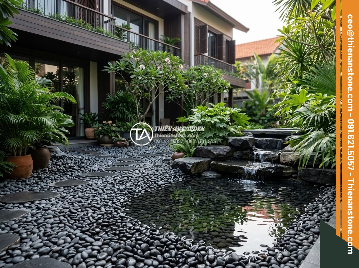 Mẫu Sân Vườn Rải Sỏi Đơn Giản Dễ Làm Cho Nhà Phố - Hình 14 Mẫu Sân Vườn Rải Sỏi Đơn Giản Dễ Làm Cho Nhà Phố - Harmonious blend of pebble landscaping with decorative natural stones and water