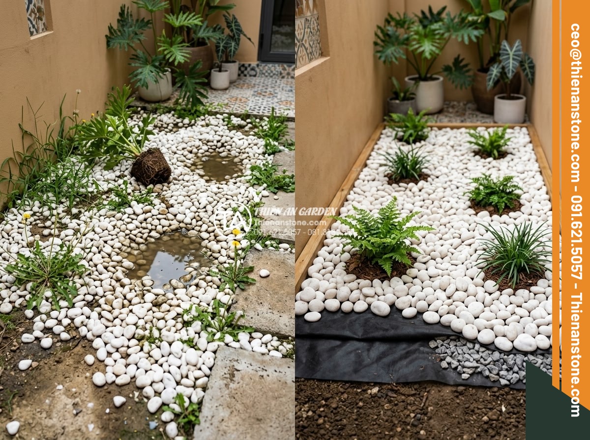 Mẫu Sân Vườn Rải Sỏi Đơn Giản Dễ Làm Cho Nhà Phố - Hình 17 Mẫu Sân Vườn Rải Sỏi Đơn Giản Dễ Làm Cho Nhà Phố - Common mistakes in gravel garden installation and professional correction exampl