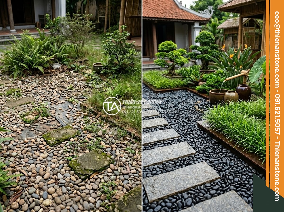 Mẫu Sân Vườn Rải Sỏi Đơn Giản Dễ Làm Cho Nhà Phố - Hình 18 Mẫu Sân Vườn Rải Sỏi Đơn Giản Dễ Làm Cho Nhà Phố - Before and after comparison of properly executed pebble landscaping avoiding typ