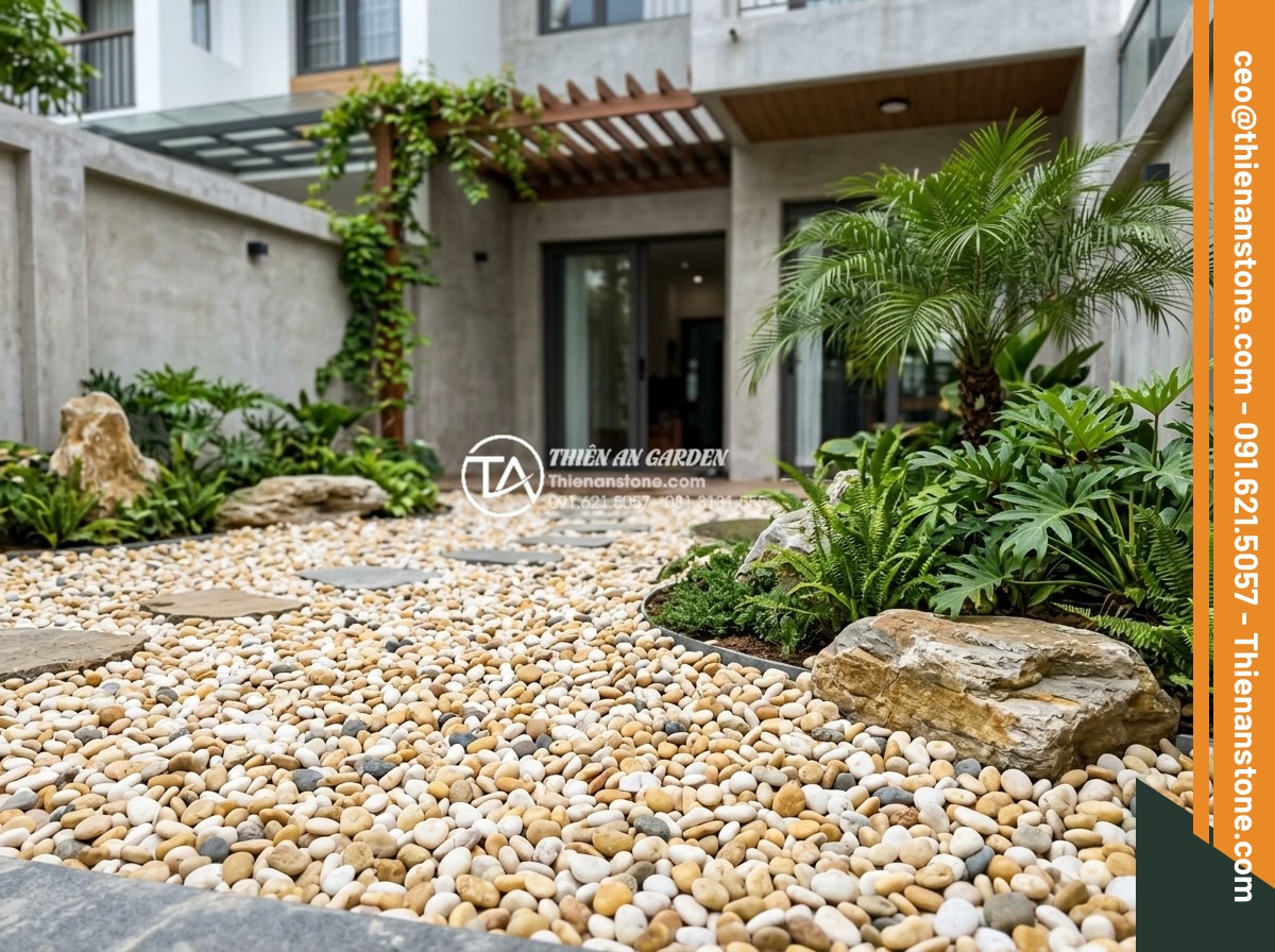 Mẫu Sân Vườn Rải Sỏi Đơn Giản Dễ Làm Cho Nhà Phố - Hình 19 Mẫu Sân Vườn Rải Sỏi Đơn Giản Dễ Làm Cho Nhà Phố - Professional team from Da Canh Thien An company installing high-end gravel garde