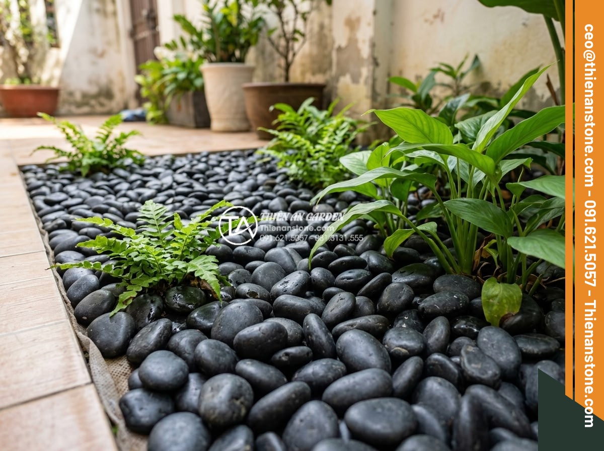 Mẫu Sân Vườn Rải Sỏi Đơn Giản Dễ Làm Cho Nhà Phố - Hình 3 Mẫu Sân Vườn Rải Sỏi Đơn Giản Dễ Làm Cho Nhà Phố - Close-up of natural stone gravel landscaping in townhouse garden showing drainag