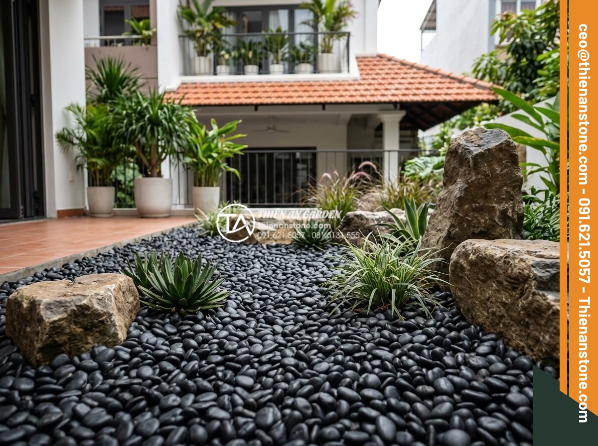 Mẫu Sân Vườn Rải Sỏi Đơn Giản Dễ Làm Cho Nhà Phố - Hình 4 Mẫu Sân Vườn Rải Sỏi Đơn Giản Dễ Làm Cho Nhà Phố - Beautiful low-maintenance gravel garden benefits illustration with natural pebbl