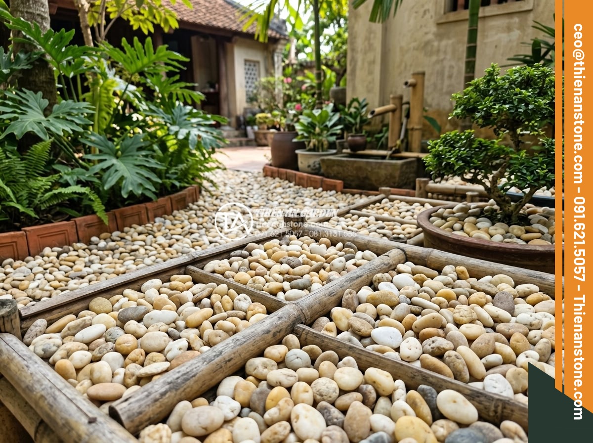 Mẫu Sân Vườn Rải Sỏi Đơn Giản Dễ Làm Cho Nhà Phố - Hình 6 Mẫu Sân Vườn Rải Sỏi Đơn Giản Dễ Làm Cho Nhà Phố - High-quality stone gravel samples for garden landscaping showing texture, color