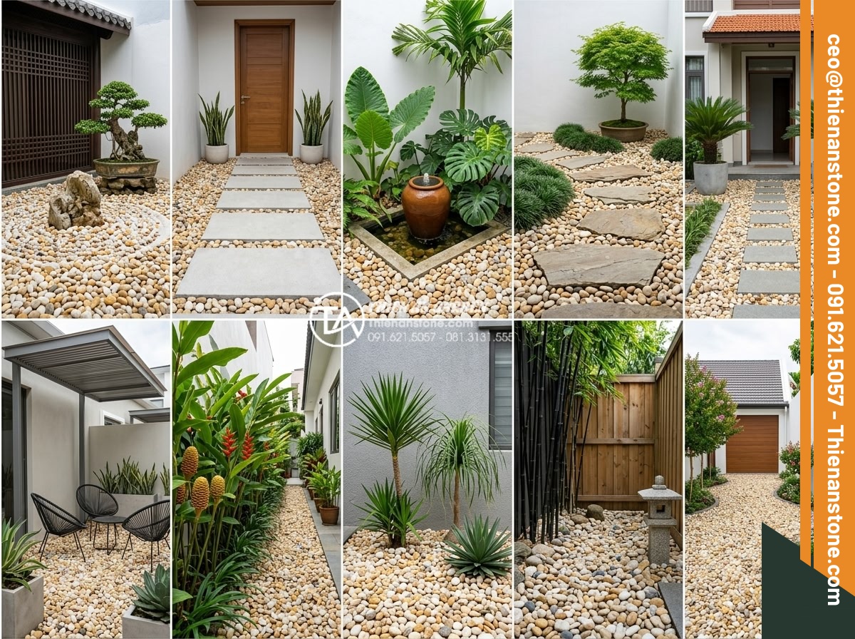 Mẫu Sân Vườn Rải Sỏi Đơn Giản Dễ Làm Cho Nhà Phố - Hình 7 Mẫu Sân Vườn Rải Sỏi Đơn Giản Dễ Làm Cho Nhà Phố - Top 10 simple gravel garden designs for townhouses collage including Zen style,