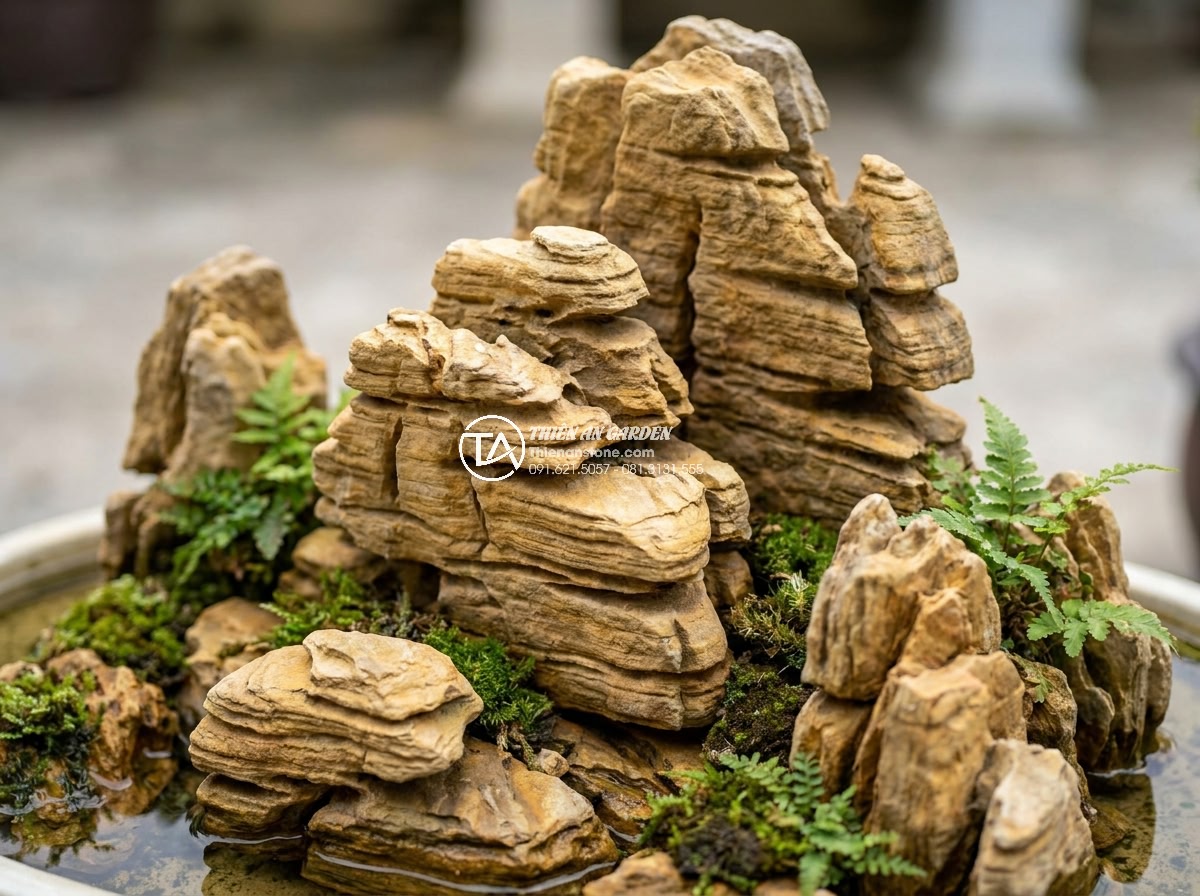 Mua Đá Làm Hòn Non Bộ Ở Đâu Rẻ? Kinh Nghiệm Chọn Đá Chất Lượng - Close-up view of high-quality natural stones arranged in a miniature mountain fo