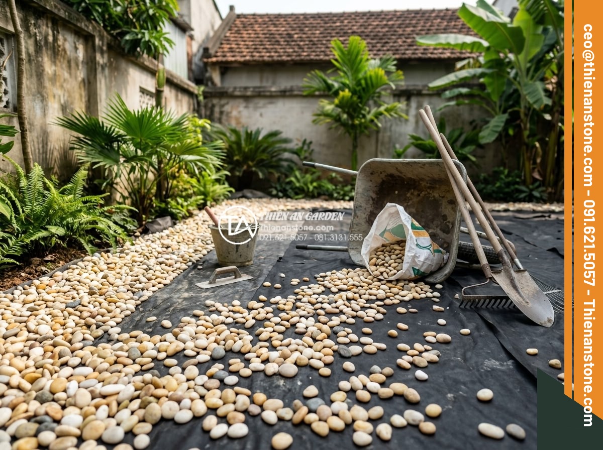 Mua Sỏi Sân Vườn Tại Kho Gốc: Tiết Kiệm Đến 30% Chi Phí - Professional team installing garden pebbles in residential backyard landscape pr