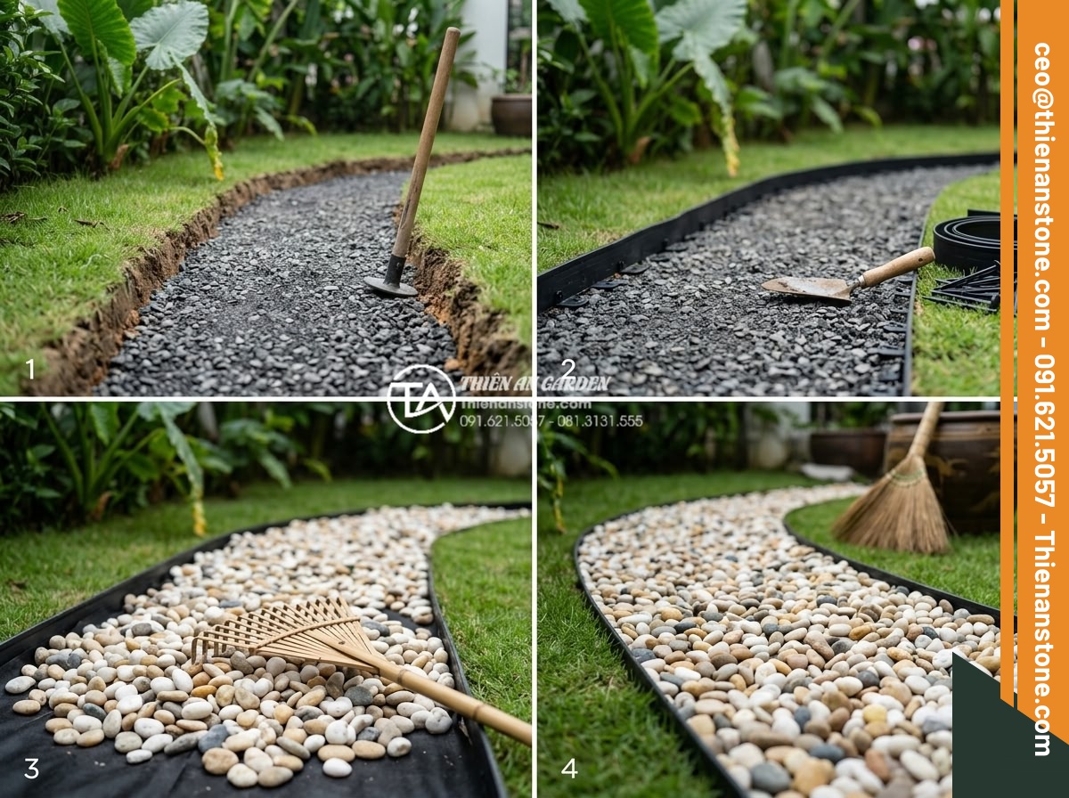 Mua Sỏi Sân Vườn Tại Kho Gốc: Tiết Kiệm Đến 30% Chi Phí - Step by step process of laying garden pebbles by skilled construction workers
