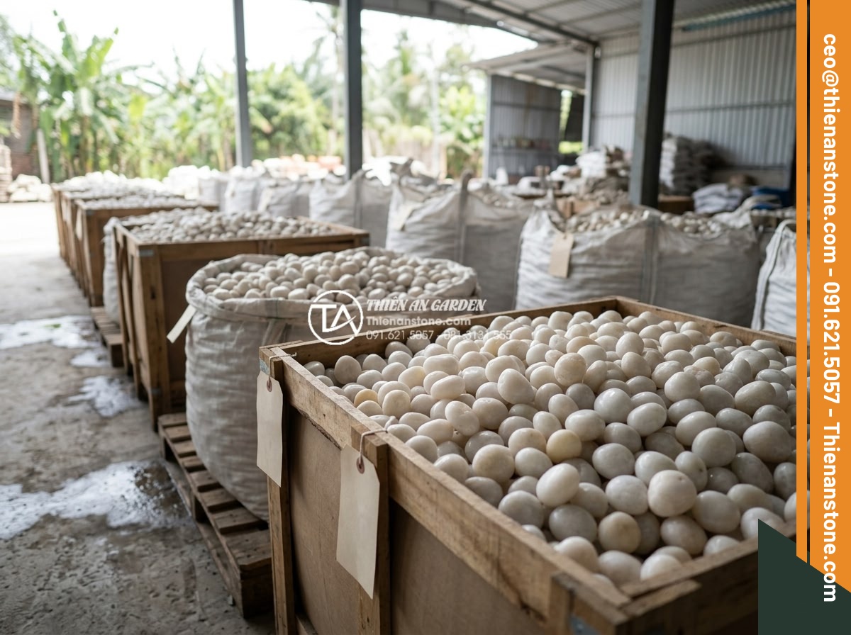 Mua Sỏi Sân Vườn Tại Kho Gốc: Tiết Kiệm Đến 30% Chi Phí - Customer inspecting premium garden pebbles at factory warehouse with price tags 