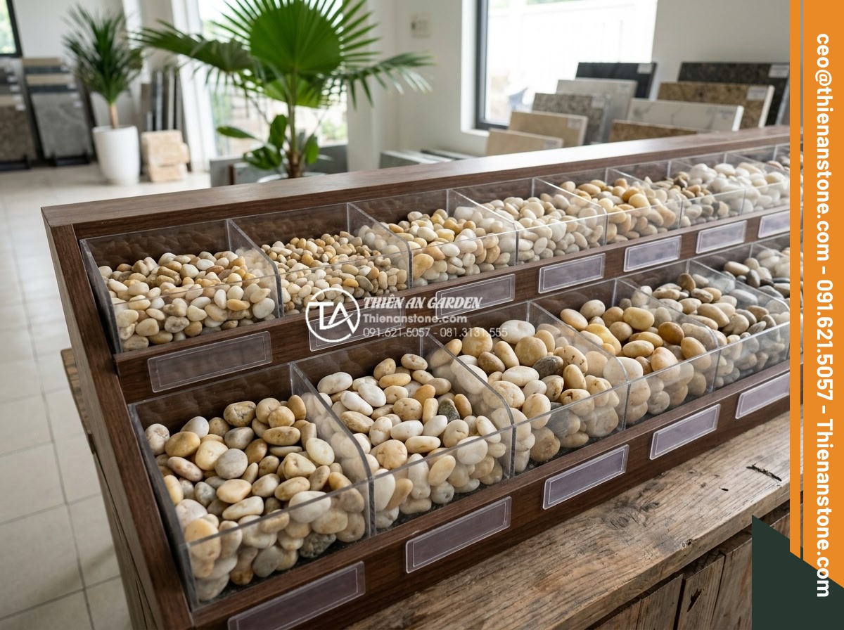 Mua Sỏi Sân Vườn Tại Kho Gốc: Tiết Kiệm Đến 30% Chi Phí - Professional price list display of garden pebbles with various sizes and colors 