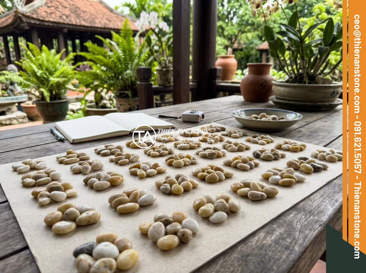 Mua Sỏi Sân Vườn Tại Kho Gốc: Tiết Kiệm Đến 30% Chi Phí - Customer reviewing detailed pricing chart for decorative garden pebbles during c