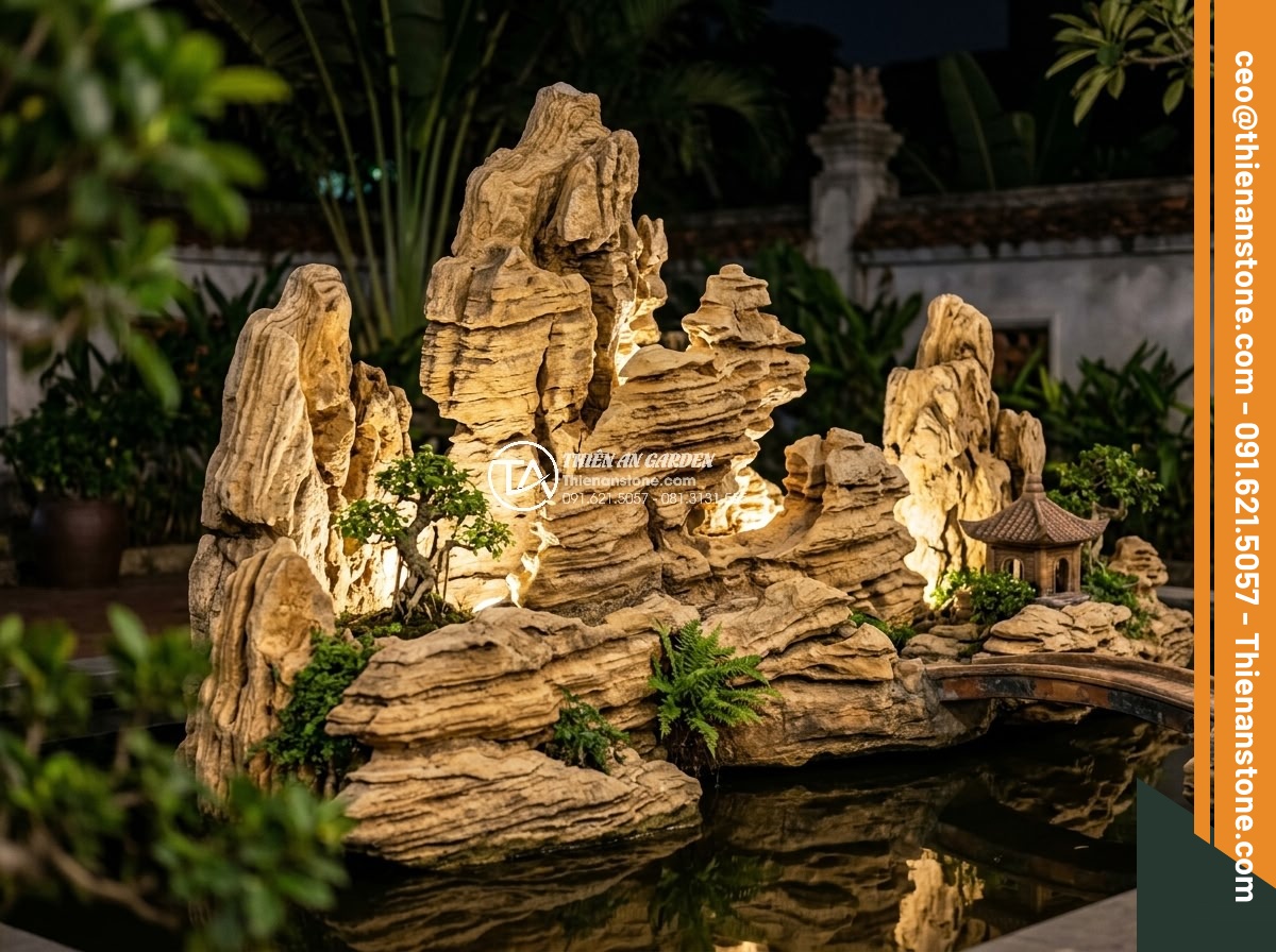 Nên Chọn Đá San Hô Hay Đá Cổ Thạch Làm Hòn Non Bộ? - Elegant night view of illuminated non-bo using mixed natural stones with LED lig