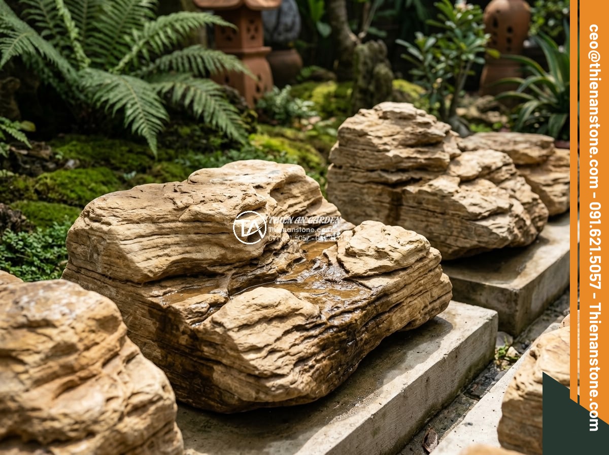 Nên Chọn Đá San Hô Hay Đá Cổ Thạch Làm Hòn Non Bộ? - Weather-resistant test visualization of ancient stone versus coral stone exposed