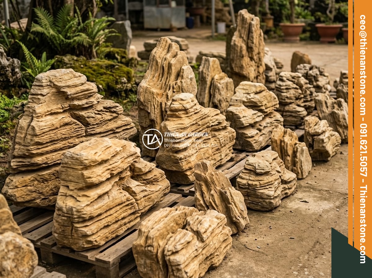 Nên Chọn Đá San Hô Hay Đá Cổ Thạch Làm Hòn Non Bộ? - Professional stone yard display showing various sizes of coral and ancient stone
