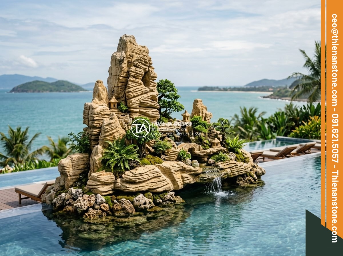 Nên Chọn Đá San Hô Hay Đá Cổ Thạch Làm Hòn Non Bộ? - Real-life luxury resort hòn non bộ featuring coral stones integrated with infini