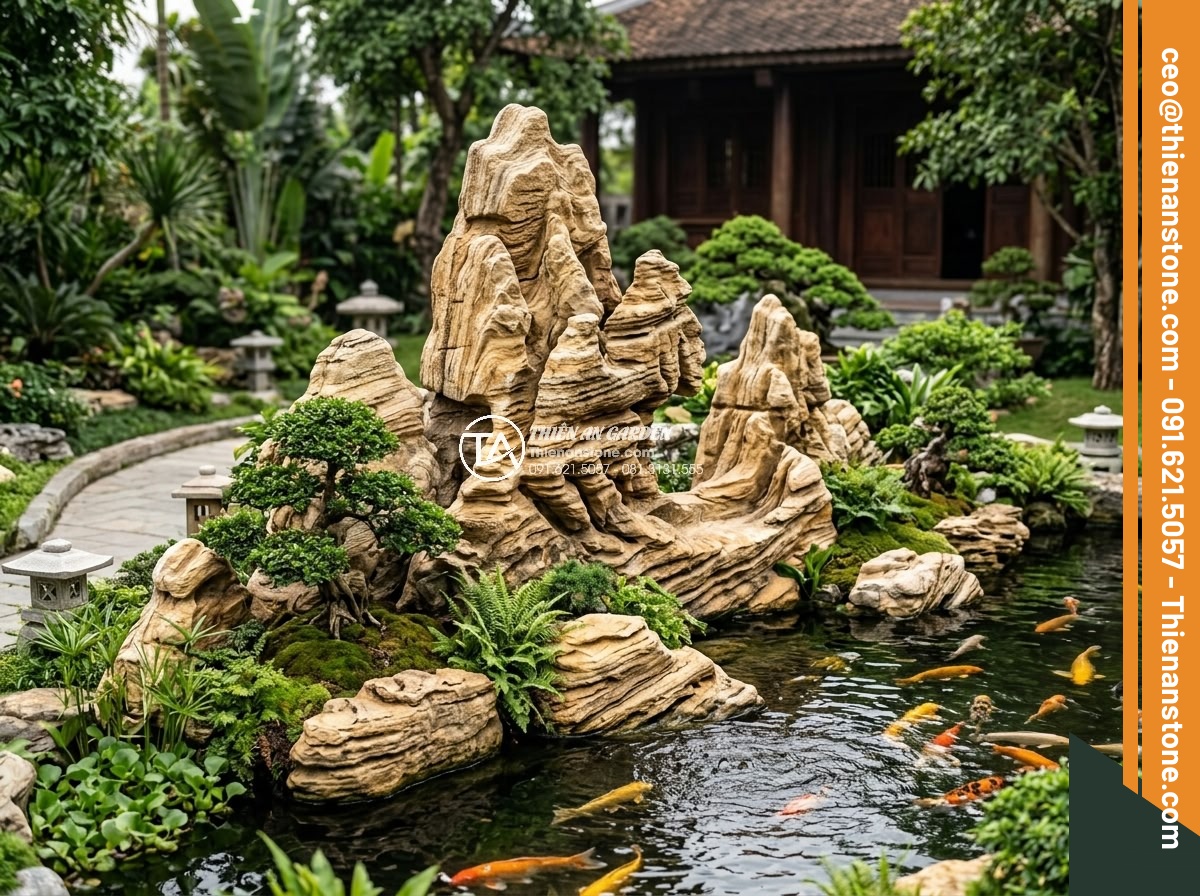 Nên Chọn Đá San Hô Hay Đá Cổ Thạch Làm Hòn Non Bộ? - High-end villa garden with majestic ancient stone non-bo, koi pond, and professi