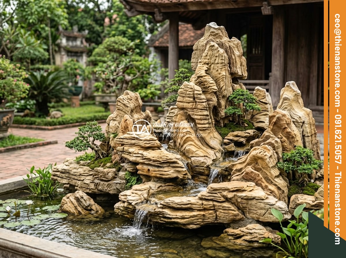 Nên Chọn Đá San Hô Hay Đá Cổ Thạch Làm Hòn Non Bộ? - Expert team of stone craftsmen from Đá Cảnh Thiên An designing and installing a 