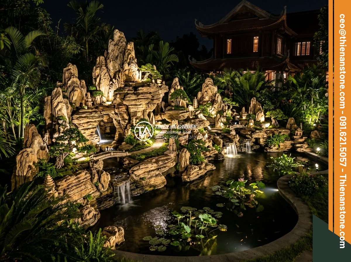 Nên Chọn Đá San Hô Hay Đá Cổ Thạch Làm Hòn Non Bộ? - Panoramic view of a large-scale hòn non bộ installation in a luxury villa garden