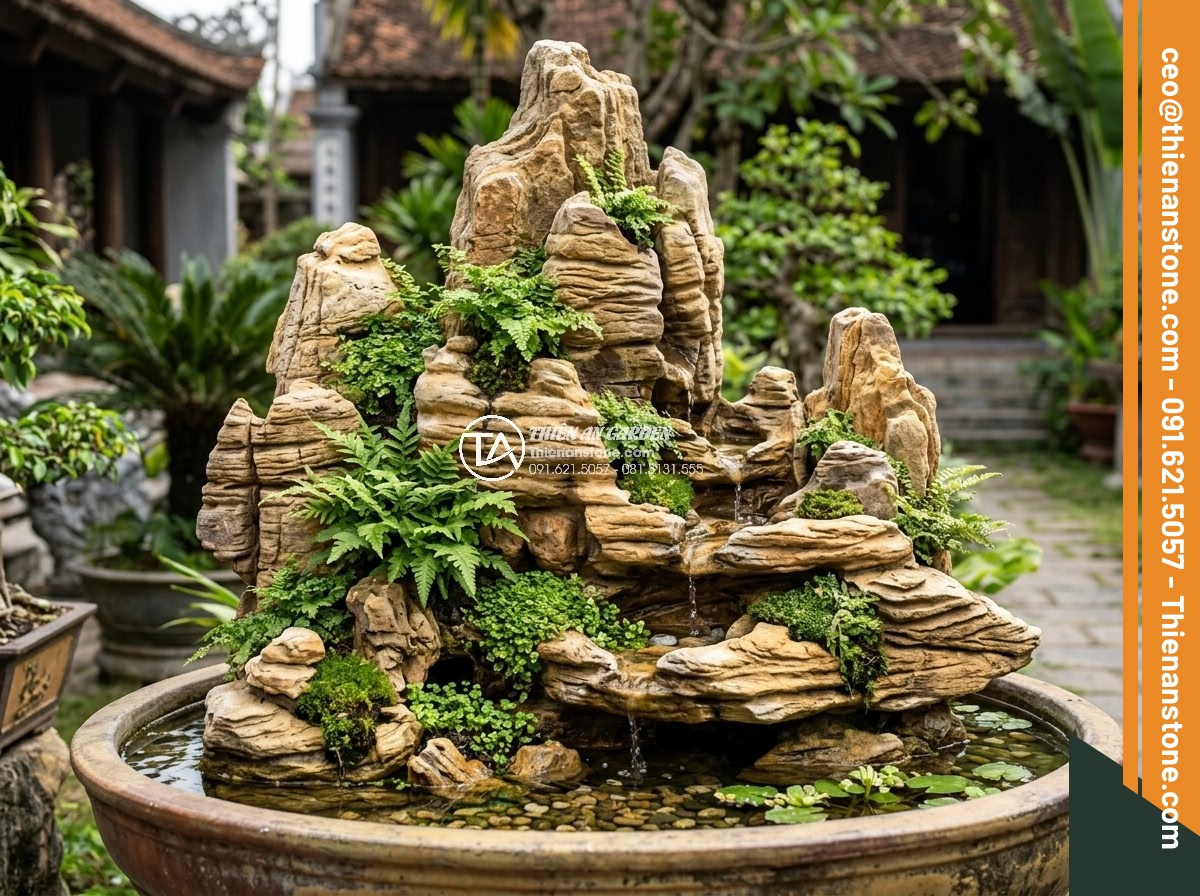 Nên Chọn Đá San Hô Hay Đá Cổ Thạch Làm Hòn Non Bộ? - Full view of a modern hòn non bộ made entirely from coral stones with vibrant gr