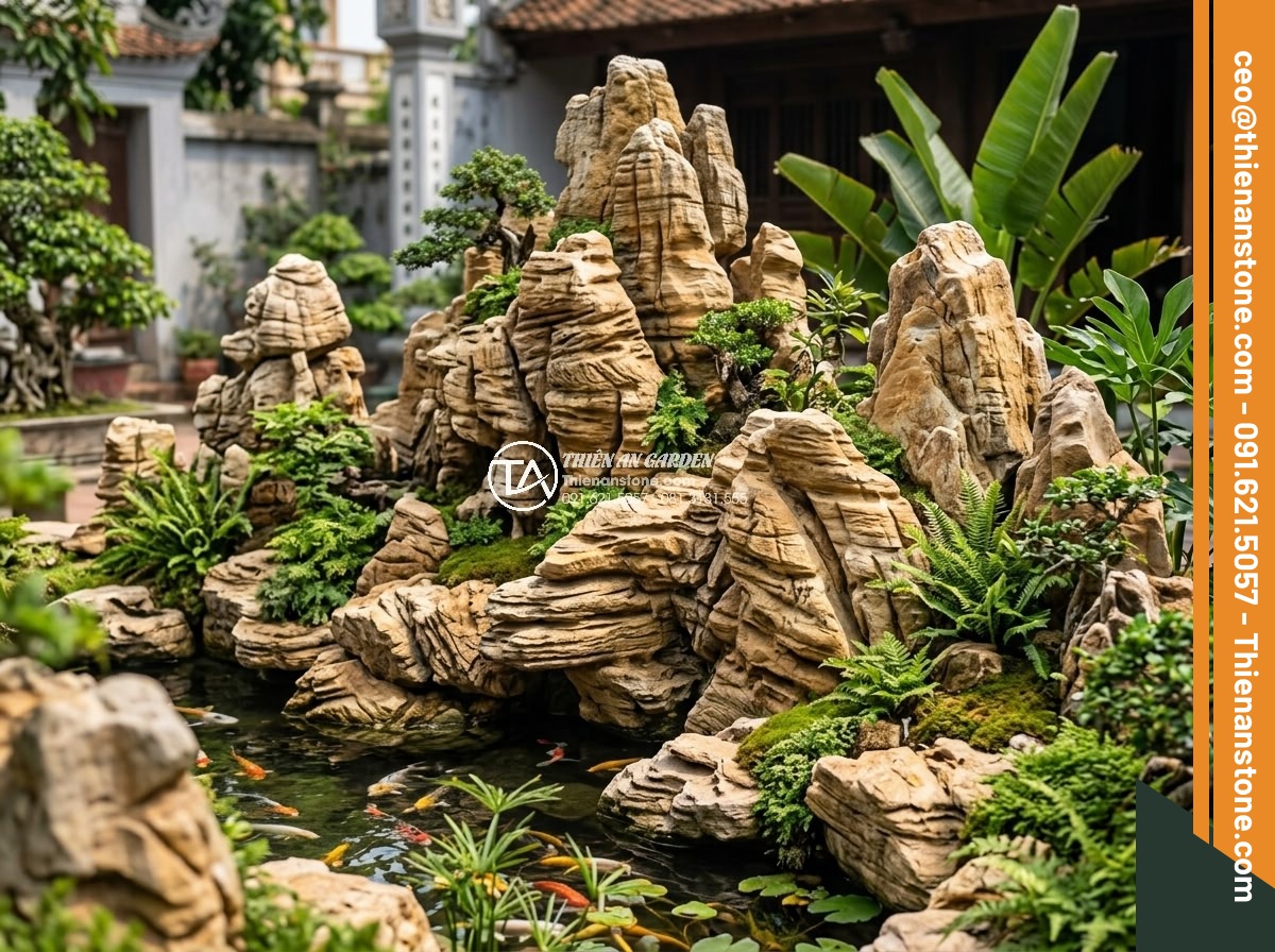 Nên Chọn Đá San Hô Hay Đá Cổ Thạch Làm Hòn Non Bộ? - Expansive hòn non bộ constructed with ancient stones featuring majestic rock for