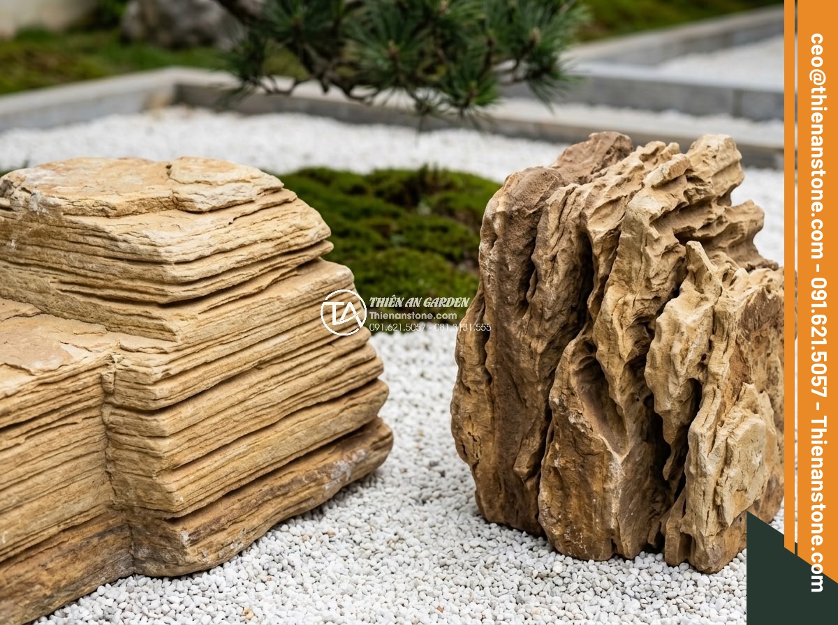 Nên Chọn Đá San Hô Hay Đá Cổ Thạch Làm Hòn Non Bộ? - Side-by-side comparison of coral stone and ancient stone samples highlighting te