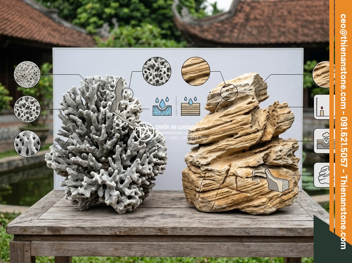 Nên Chọn Đá San Hô Hay Đá Cổ Thạch Làm Hòn Non Bộ? - Technical diagram style image showing physical properties comparison between cor