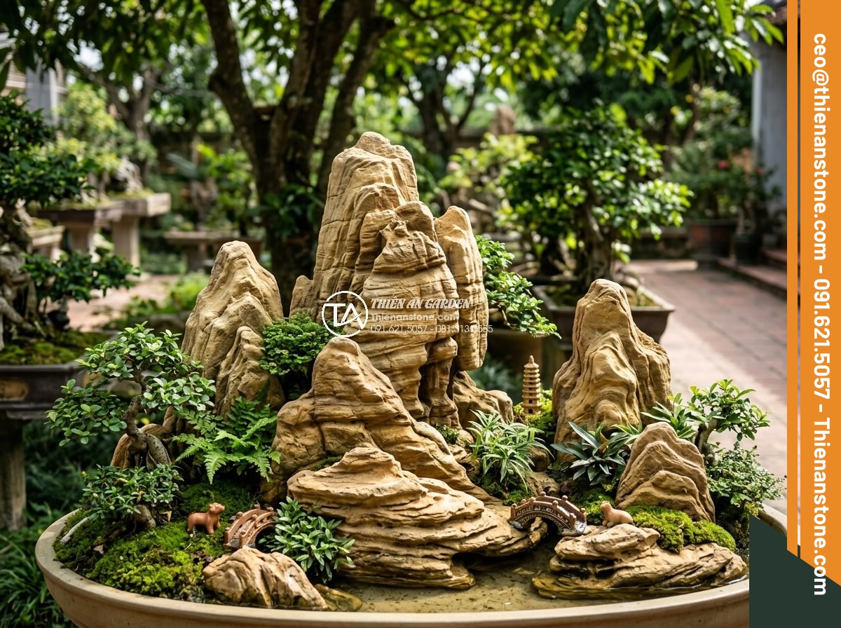Nên Chọn Đá San Hô Hay Đá Cổ Thạch Làm Hòn Non Bộ? - Artistic hòn non bộ blending coral stones and ancient stones creating harmonious