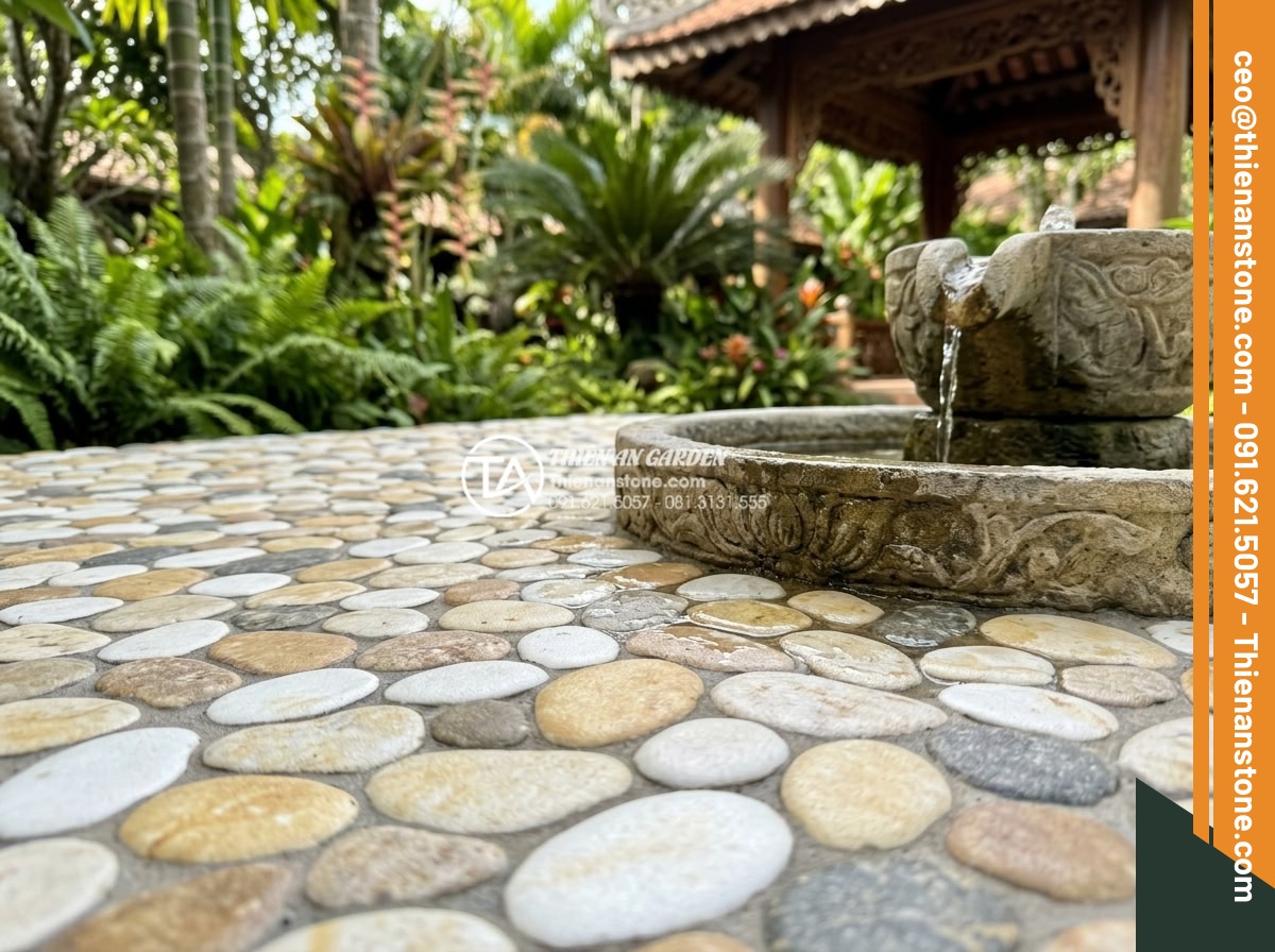 Nên Lát Gạch Hình Sỏi Hay Rải Sỏi Thật Cho Sân Trước? - Close-up detail shot of high-quality pebble-shaped porcelain tiles showing reali