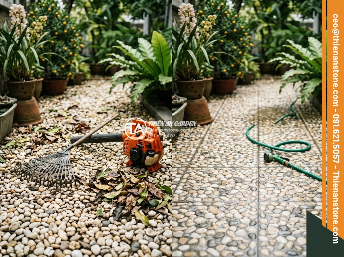 Nên Lát Gạch Hình Sỏi Hay Rải Sỏi Thật Cho Sân Trước? - Real-life maintenance scene in a Vietnamese home garden: worker using a leaf blo