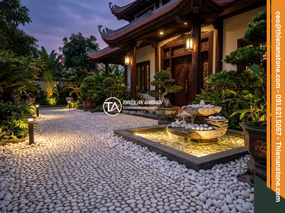 Nên Lát Gạch Hình Sỏi Hay Rải Sỏi Thật Cho Sân Trước? - Stunning Vietnamese luxury villa front entrance featuring a perfect blend of peb