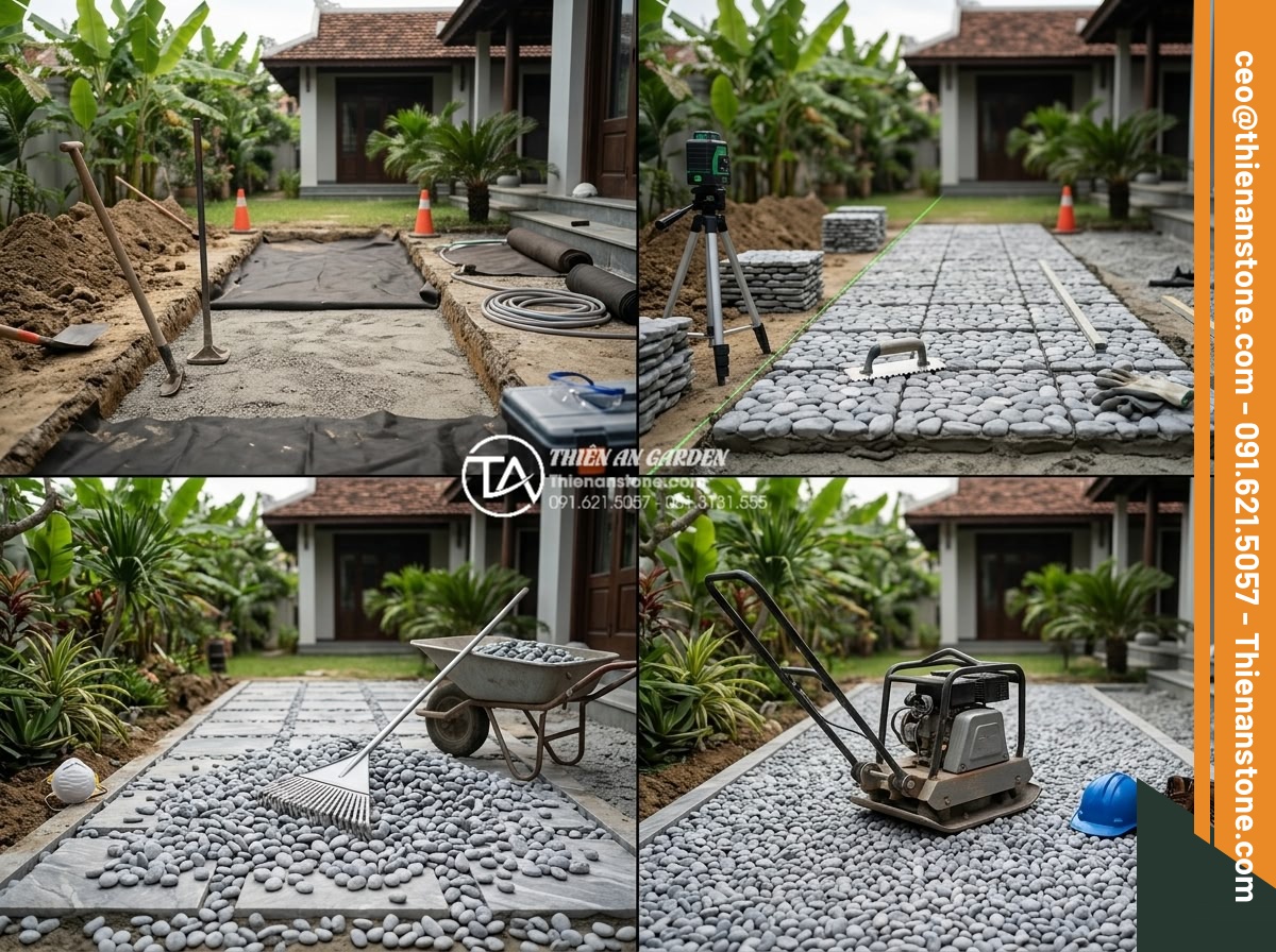 Nên Lát Gạch Hình Sỏi Hay Rải Sỏi Thật Cho Sân Trước? - Step-by-step construction process photo collage of professional workers preparin