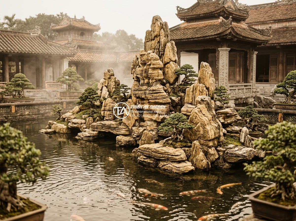 Nghệ Thuật Xếp Đá Non Bộ: Quy Tắc Đỉnh - Sườn - Chân Núi - Historical archival style high-resolution image of an ancient Vietnamese royal n