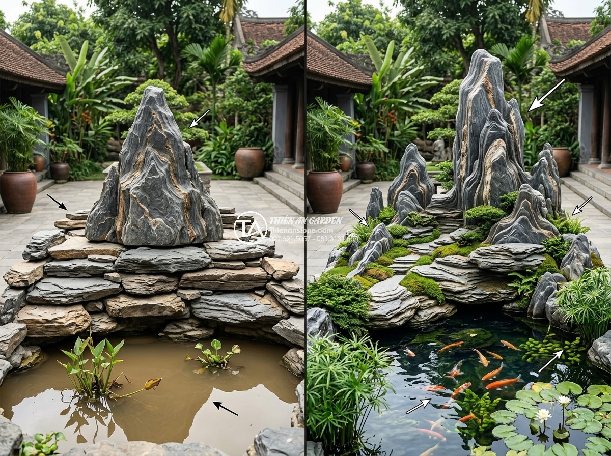 Nghệ Thuật Xếp Đá Non Bộ: Quy Tắc Đỉnh - Sườn - Chân Núi - Educational before-and-after high-resolution comparison photograph of common non