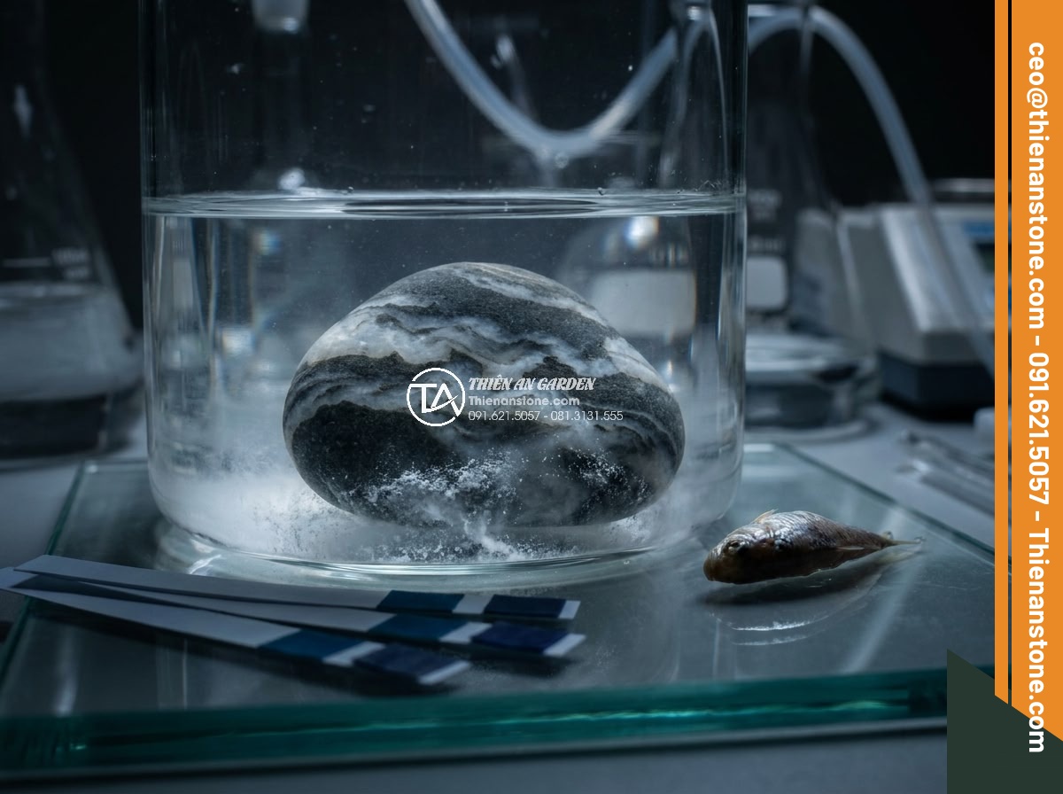 Những Loại Đá KHÔNG NÊN Bỏ Vào Hồ Cá Koi (Cực Kỳ Nguy Hiểm) - Macro photography of limestone rock partially submerged in aquarium water, showi