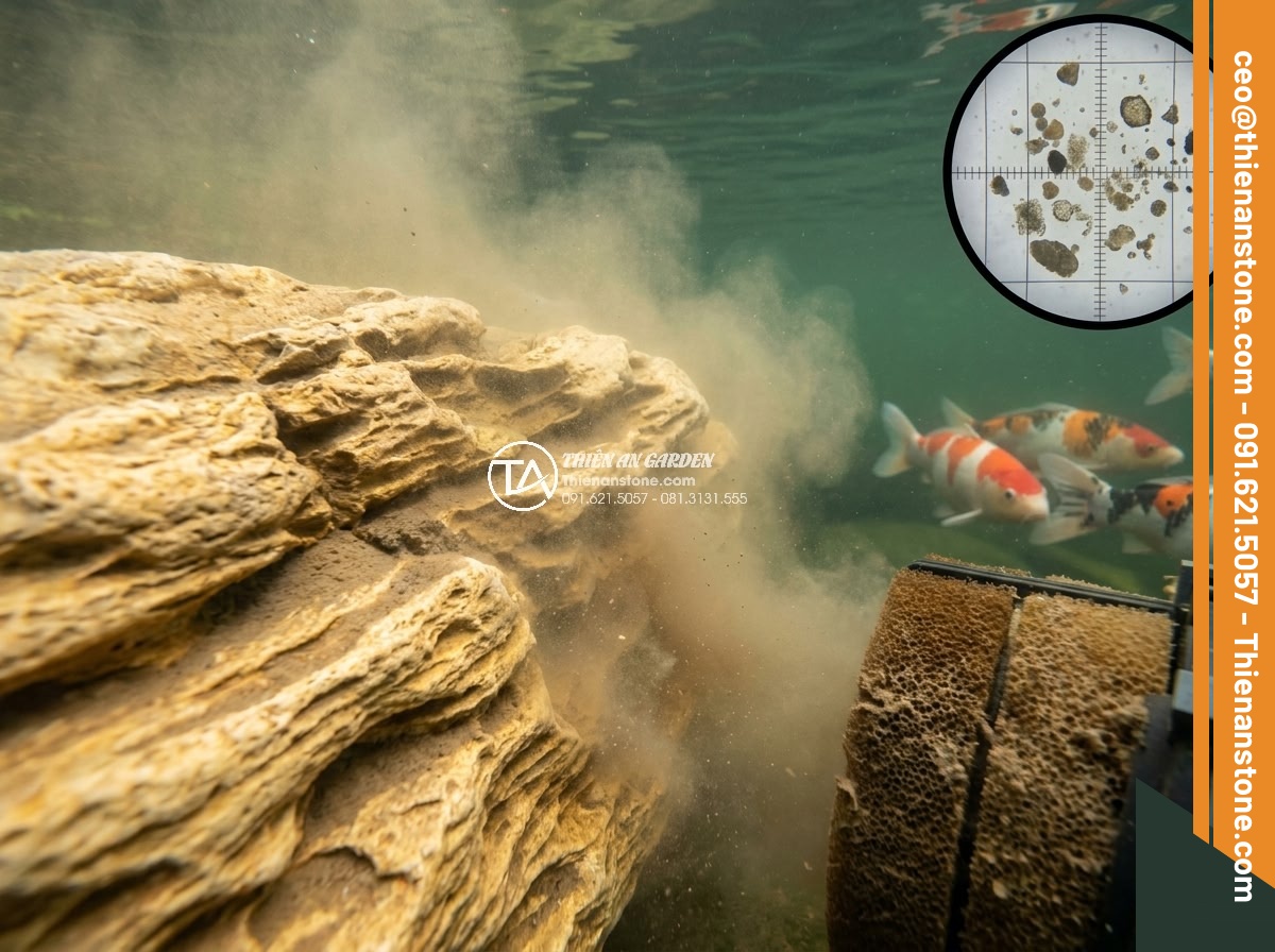 Những Loại Đá KHÔNG NÊN Bỏ Vào Hồ Cá Koi (Cực Kỳ Nguy Hiểm) - Detailed underwater photography of porous volcanic basalt rock in koi pond, show