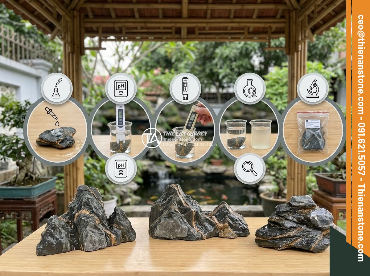 Những Loại Đá KHÔNG NÊN Bỏ Vào Hồ Cá Koi (Cực Kỳ Nguy Hiểm) - Step-by-step infographic style image showing 5-step stone safety testing process
