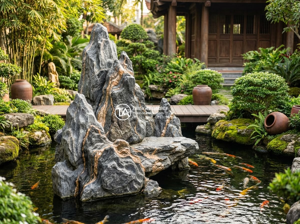 Phân Biệt Non Bộ Đá Thật Và Non Bộ Giả Đá Xi Măng - Luxury villa garden featuring premium real stone non-bo with koi pond integratio