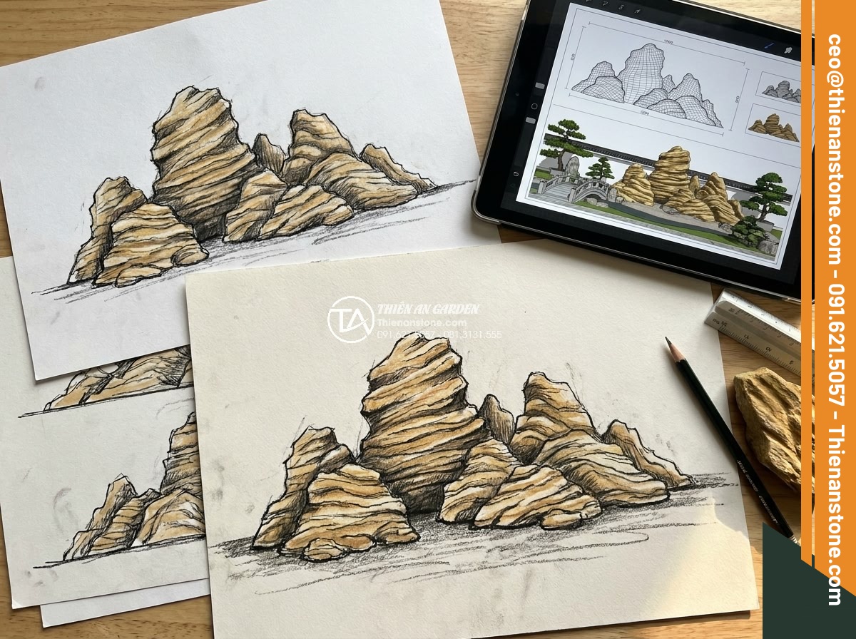 Quy Trình Chế Tác Đá Non Bộ Nguyên Khối Tại Xưởng Điêu Khắc - Hand-drawn sketches and digital plans for intricate natural stone non-bo mountai