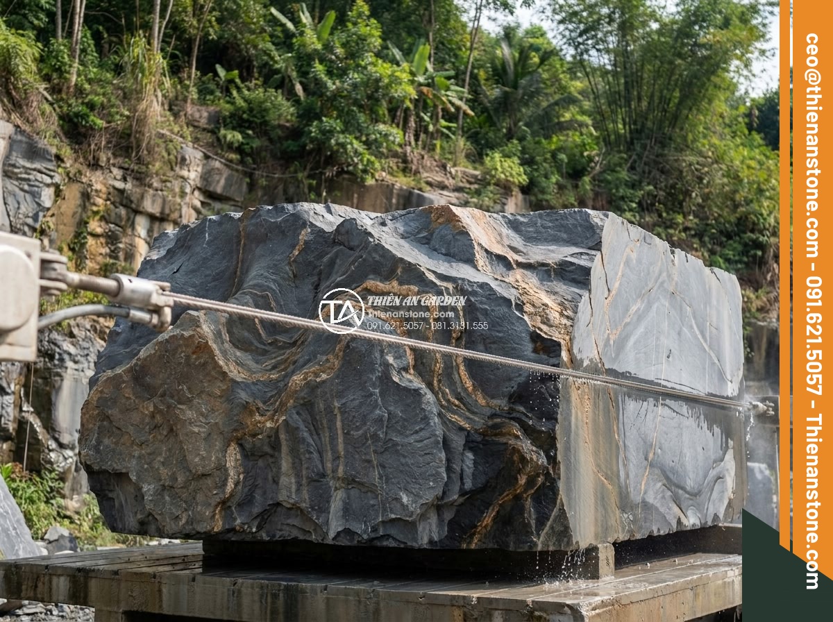Quy Trình Chế Tác Đá Non Bộ Nguyên Khối Tại Xưởng Điêu Khắc - Modern diamond wire saw cutting large natural stone block at a sustainable quarr