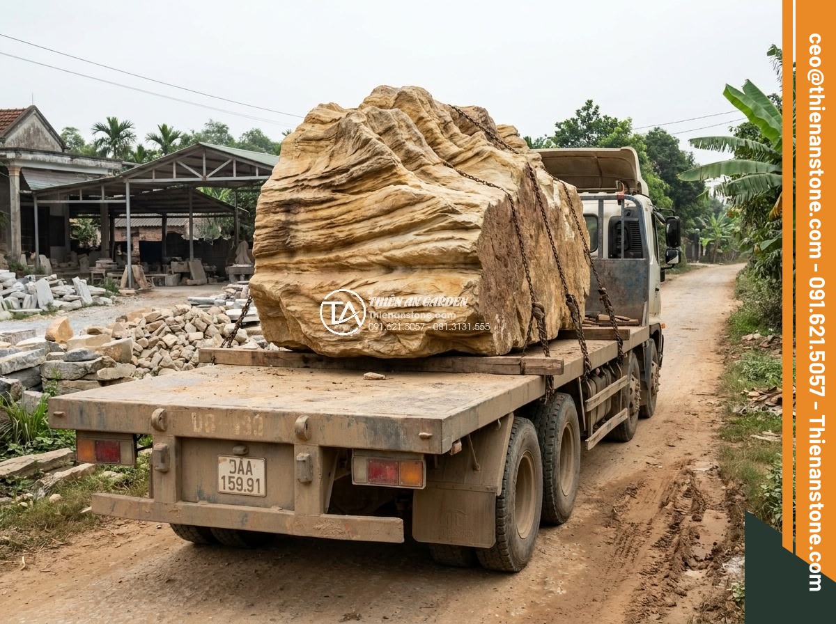 Quy Trình Chế Tác Đá Non Bộ Nguyên Khối Tại Xưởng Điêu Khắc - Heavy-duty truck transporting massive monolithic stone for non-bo carving to the