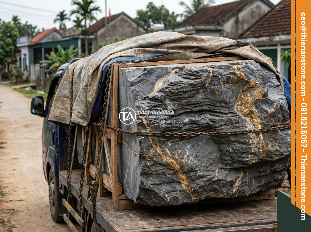 Quy Trình Chế Tác Đá Non Bộ Nguyên Khối Tại Xưởng Điêu Khắc - Protected monolithic stone block secured and covered during long-distance transp