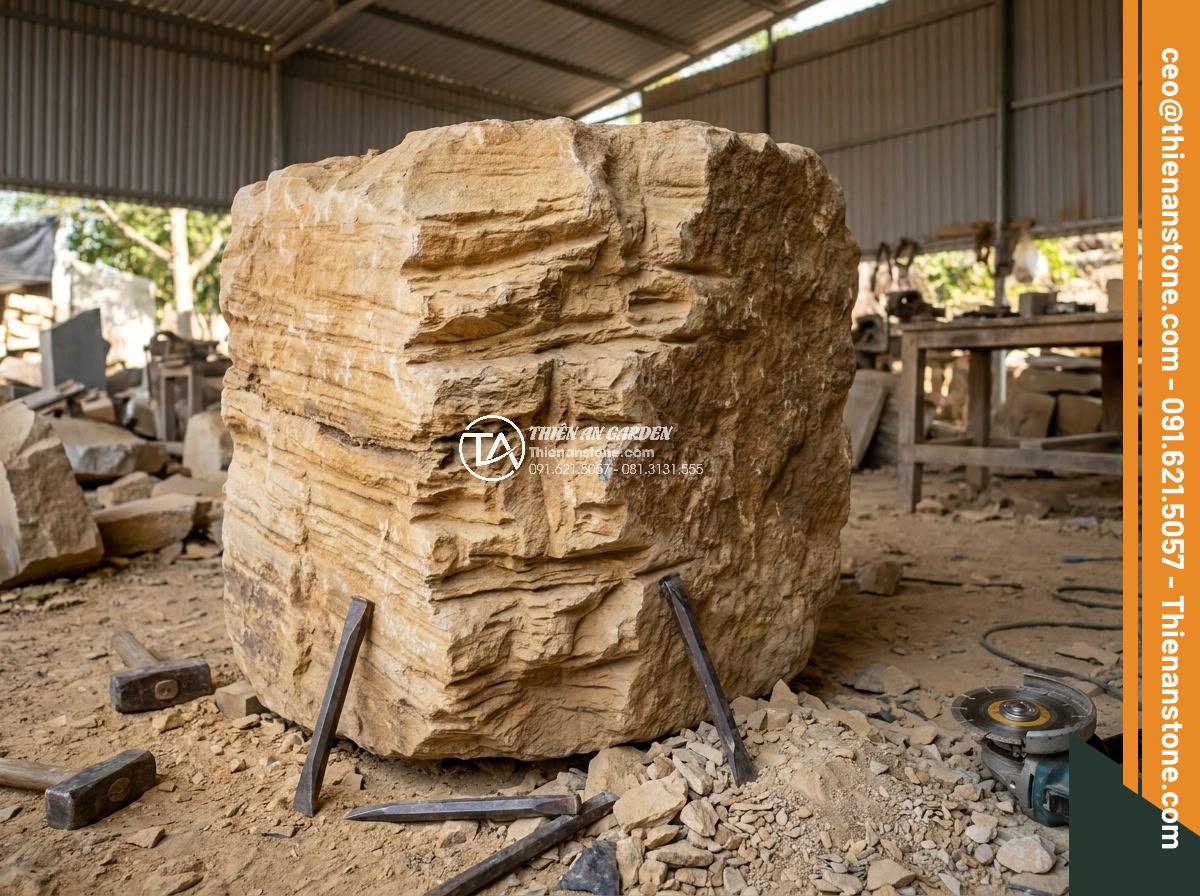 Quy Trình Chế Tác Đá Non Bộ Nguyên Khối Tại Xưởng Điêu Khắc - Initial rough carving stage of monolithic natural stone non-bo at the workshop u